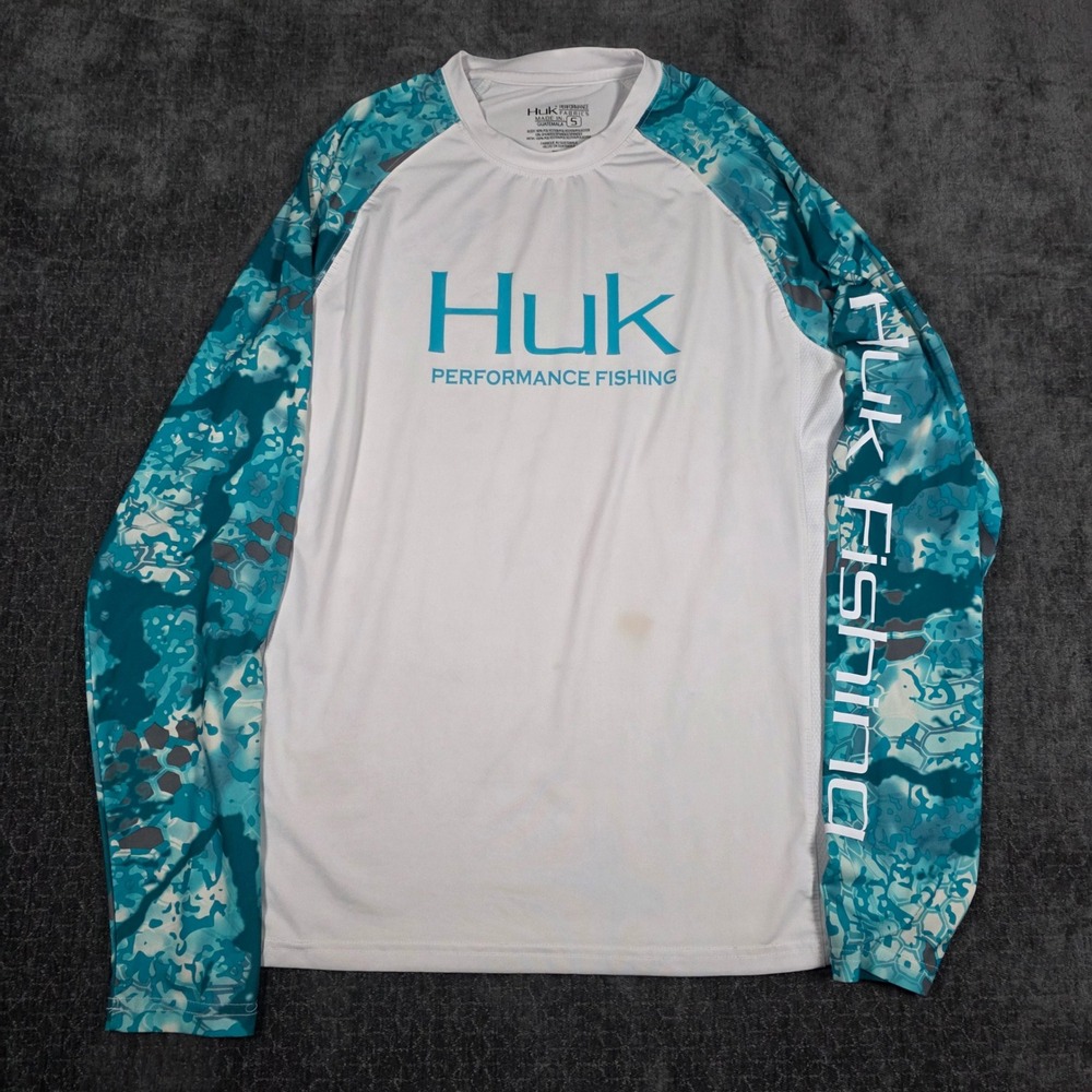 Huk Performance Fishing Shirt Mens Small White Teal Camo Long Sleeve Sun Shirt